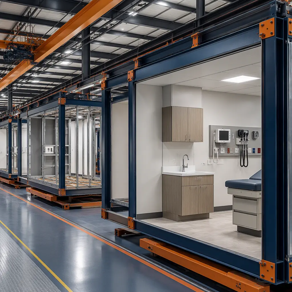 Factory assembly of modular healthcare clinic modules, steel frame structure with medical exam room being fitted out, prefabricated FQHC construction in controlled environment