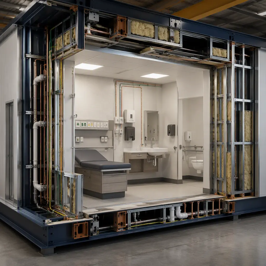 Cutaway view of modular community health center exam room module showing integrated medical gas piping, sink, diagnostic panel, and accessible design features installed at factory