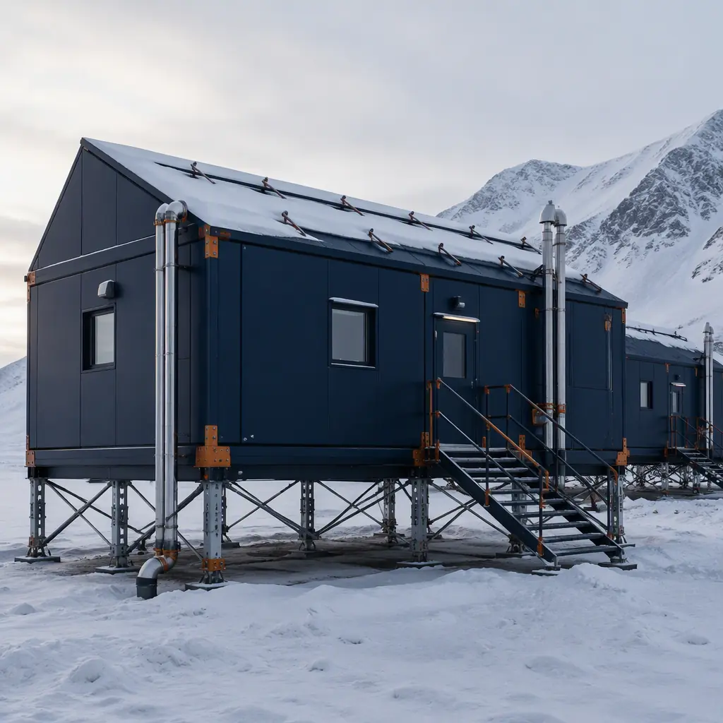 Modular prefabricated construction camp buildings in extreme arctic environment with heavy snow accumulation and permafrost, steel frame modules elevated on adjustable jack-stand foundations above frozen ground, insulated exterior panels with triple-glazed windows visible, factory-assembled modules deployed at remote northern site, cold climate engineered modular buildings, dark navy structural accents and warm steel orange brand details on module exteriors
