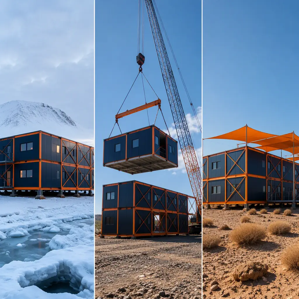 Modular prefabricated construction buildings deployed across three extreme climate zones side by side, steel frame modules with insulated panels in arctic snow environment, desert sun-shaded modular buildings, and tropical cyclone-resistant prefab structures, factory-assembled modules showing climate-specific envelope engineering, dark navy structural steel elements with warm steel orange accent details, modular construction for extreme environments