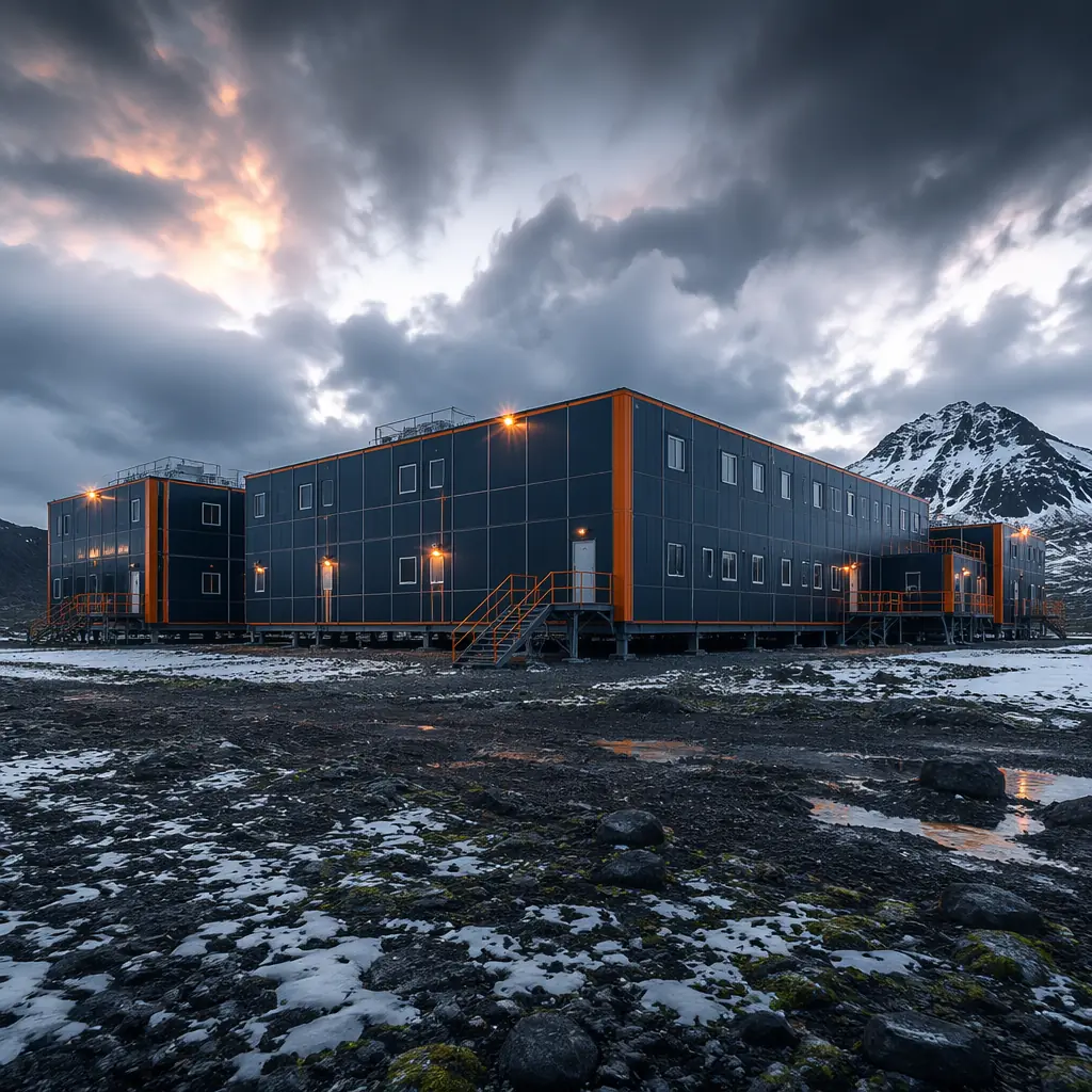Completed modular prefabricated construction complex in extreme climate environment showing all three climate adaptations side by side concept, steel frame factory-assembled modules with insulated panels engineered for arctic desert and tropical conditions, aerial perspective of modular buildings deployed to remote site, dark navy structural elements and warm steel orange brand accent details, modular construction for extreme climate worldwide deployment