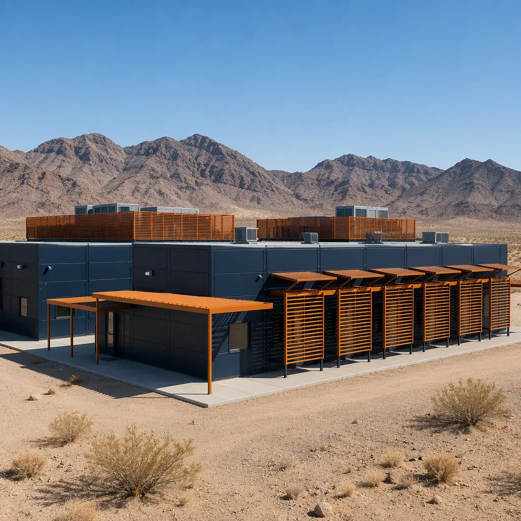 Modular prefabricated construction buildings deployed in desert environment with sun shading and ventilated facades, steel frame modules with high-albedo white roof membranes reflecting solar radiation, covered walkways between modules providing shade, factory-assembled prefab buildings engineered for extreme heat, arid landscape with modular camp complex, dark navy structural elements with warm steel orange accent details on module exteriors