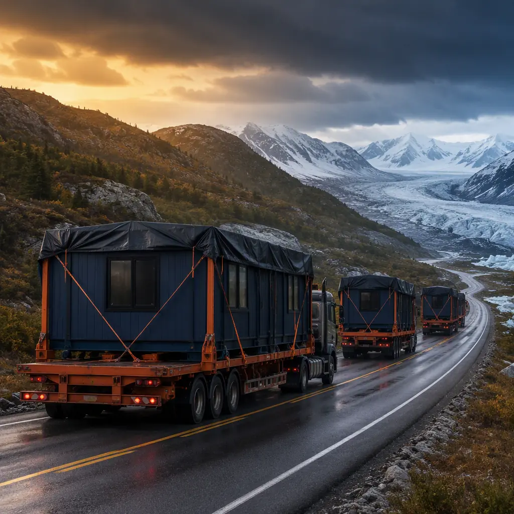 Modular prefabricated construction building modules being transported on flatbed trucks to remote extreme climate site, steel frame factory-assembled modules secured with protective wrapping and marine-grade strapping, convoy of oversized loads on remote highway or ice road, logistics of delivering completed building modules to arctic or desert deployment location, dark navy structural steel and warm steel orange brand accent details visible on module exteriors