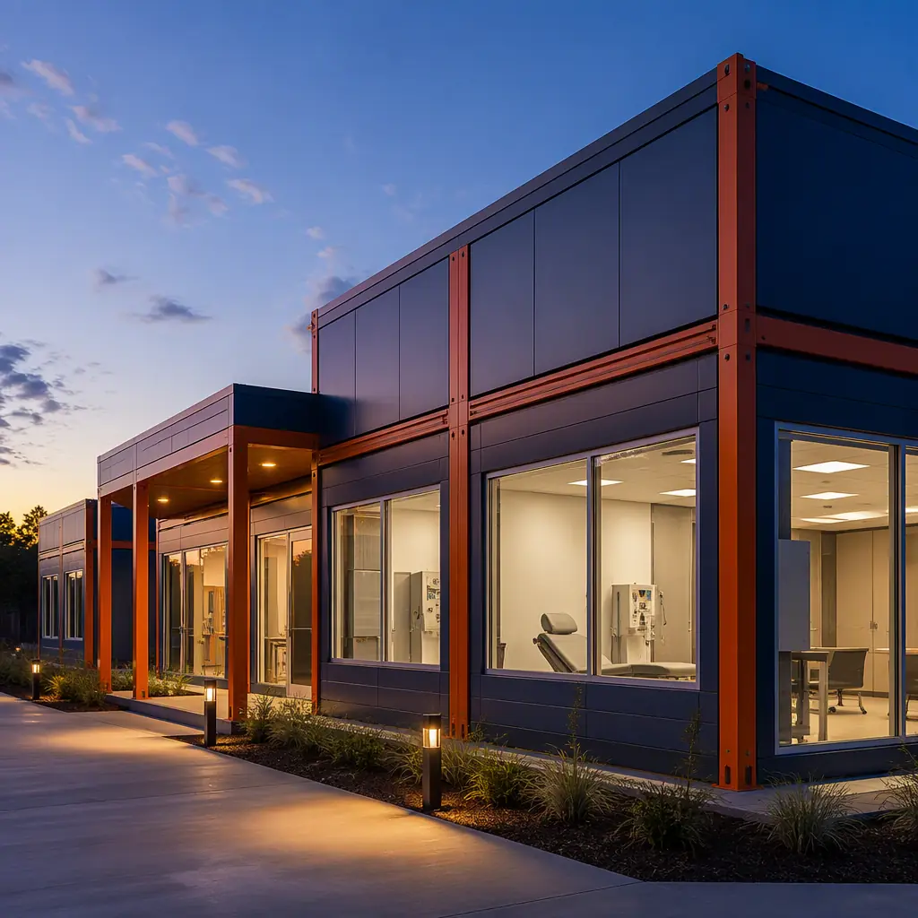 Completed modern modular outpatient medical clinic exterior with clean geometric prefabricated facade, steel frame construction with visible module grid pattern, professional healthcare facility with warm interior lighting visible at dusk, ambulance bay and accessible entrance, dark navy architectural details with warm steel orange brand accents, landscaped medical campus setting