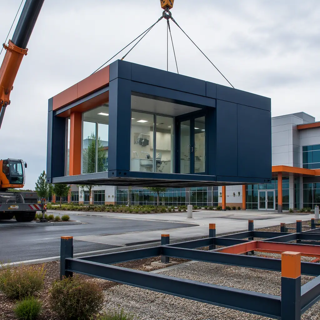 Modern modular dental clinic exterior with clean geometric prefabricated facade, steel frame modular construction with module grid pattern visible, multiple dental operatory modules assembled into clinic building, professional healthcare facility with warm steel orange architectural accents, dental campus or medical office park setting