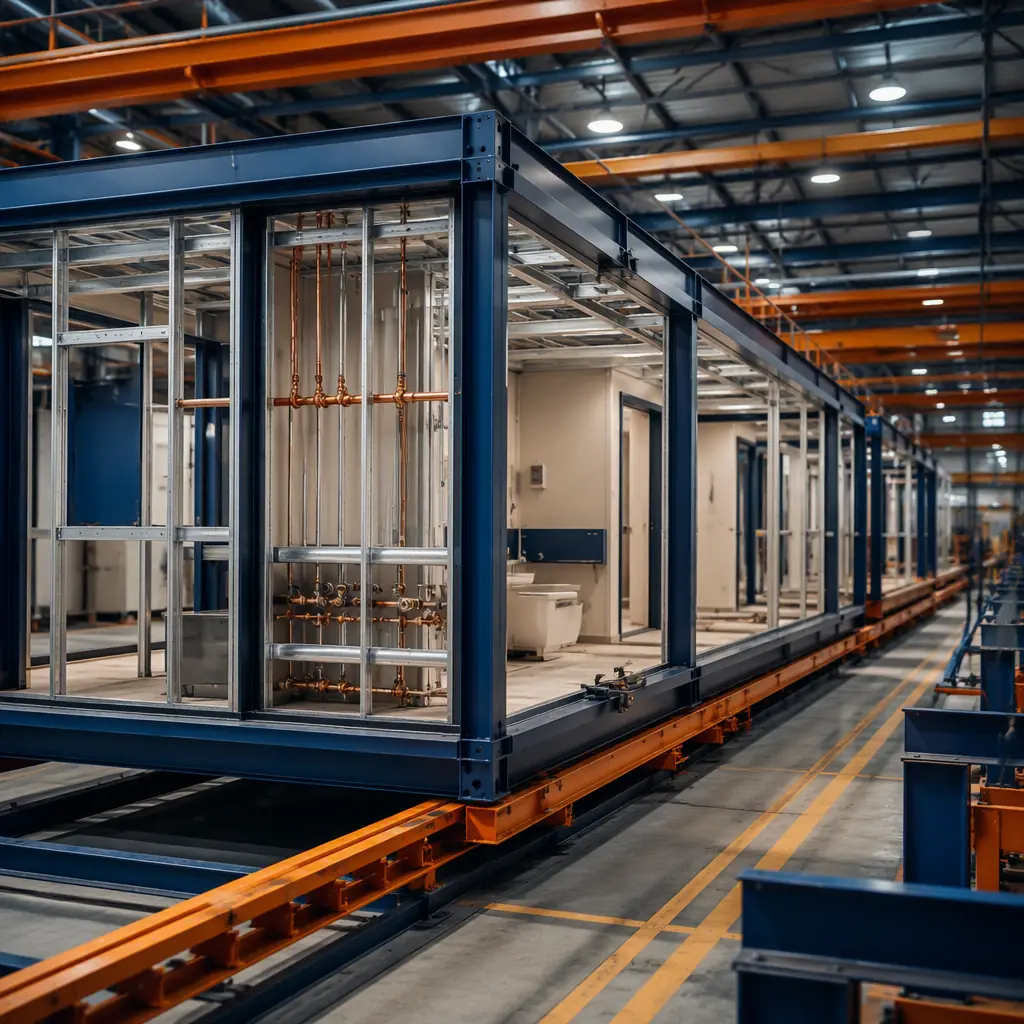 Factory assembly of medical clinic module in clean room environment, steel frame prefabricated modular construction, workers installing dental operatory plumbing and medical gas piping, completed clinic module with pre-installed cabinetry and medical headwall, controlled factory conditions with dark navy structural elements
