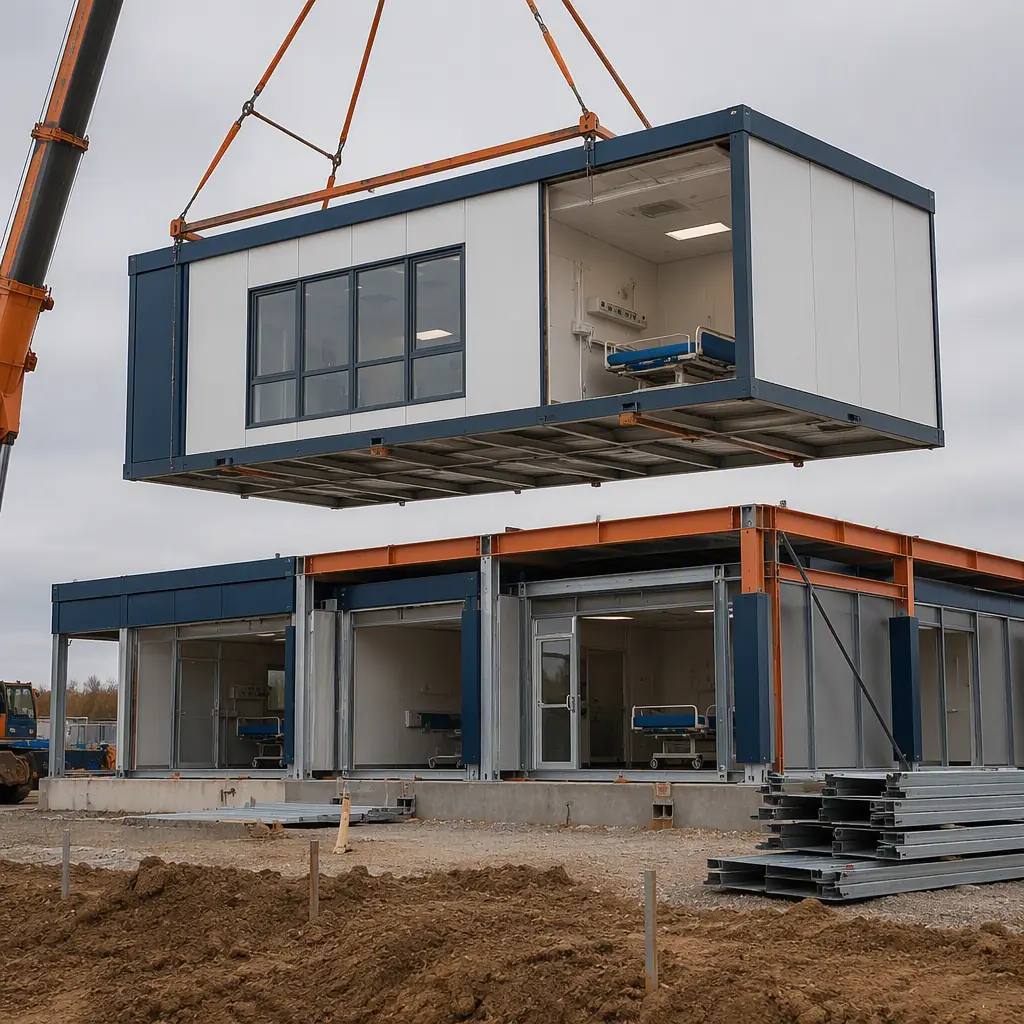Completed outpatient surgery center module on factory floor ready for transport, prefabricated modular medical construction, operating room with surgical boom mounts and medical gas pendants pre-installed, seamless monolithic flooring and laminar airflow diffuser array visible, clean room factory environment with dark navy steel frame