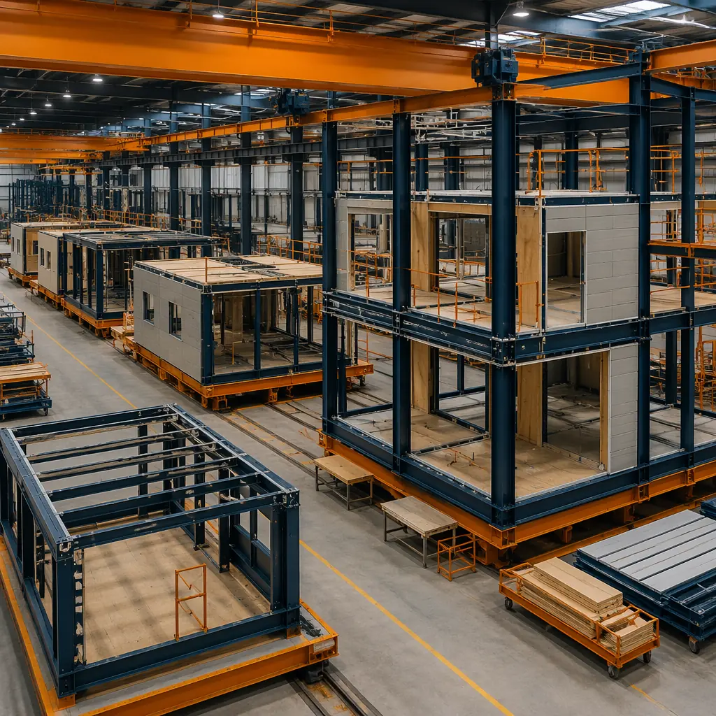 Modular steel frame module being assembled in factory, steel HSS columns and wide-flange beams visible, workers installing wall panels onto completed steel structure, factory assembly line setting, overhead crane visible in background