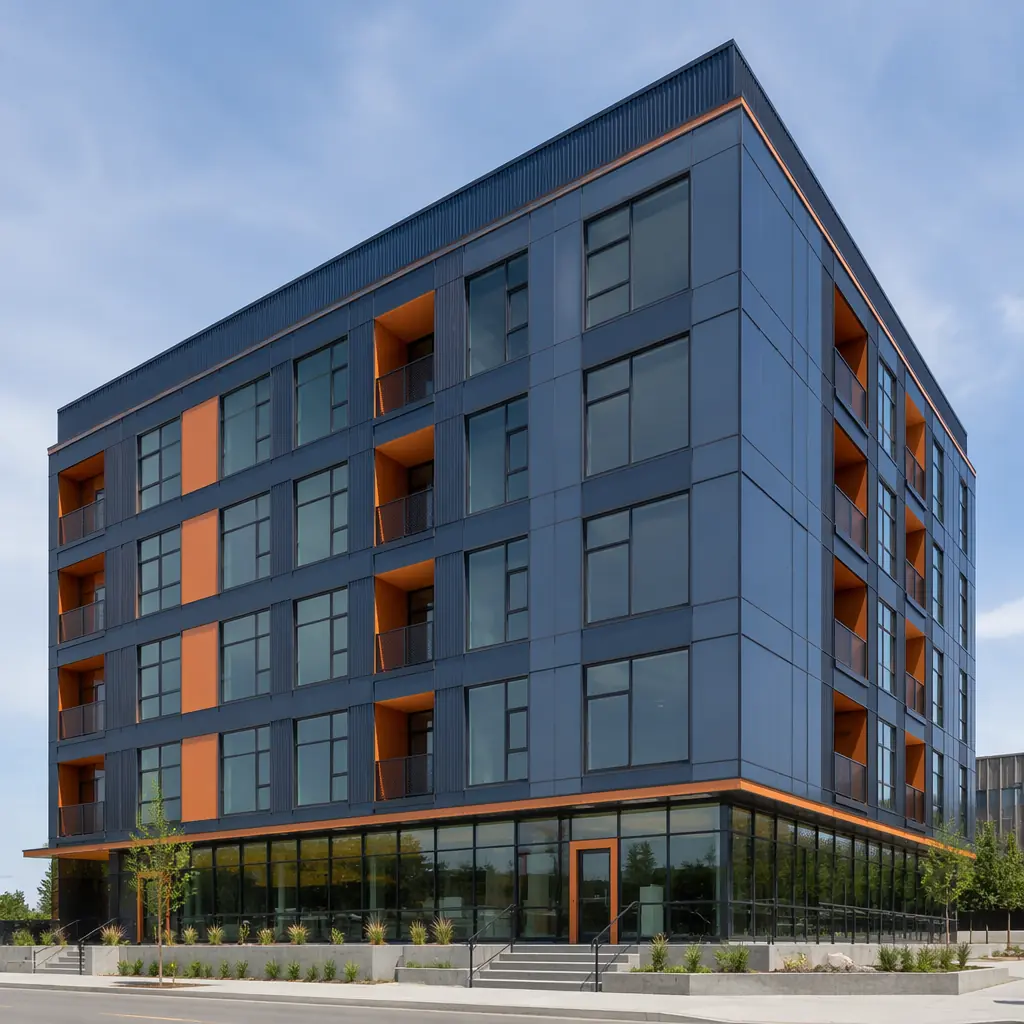 Completed modular steel frame multi-story building exterior, modern architectural design with clean geometric facade, grid pattern reflecting modular construction units, contemporary commercial building with glass and metal panel exterior