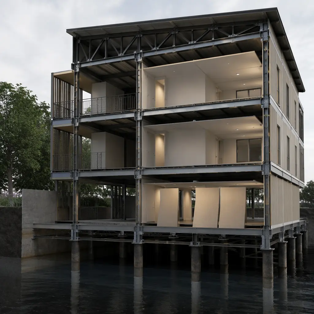 Photorealistic 3D cross-section render of modular building elevated on steel pile foundation above flood zone, breakaway wall panels at ground level, continuous load path from roof trusses through steel module frame to foundation