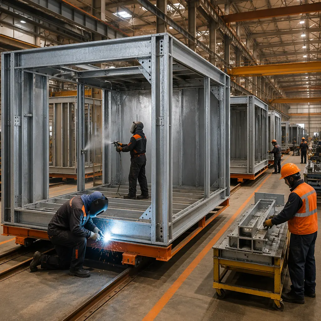 Factory floor of modular prefabricated construction facility, galvanized steel frame module being assembled, workers in safety gear welding structural connections, industrial coating application visible