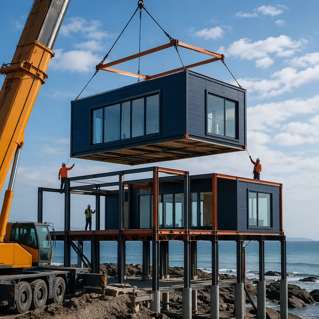 Crane lifting completed modular building unit with factory-installed impact-resistant windows and weather-sealed cladding onto elevated steel pile foundation at coastal construction site, ocean visible in distance