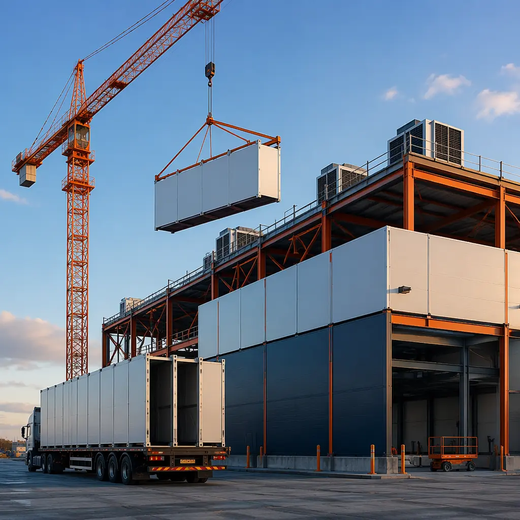 Modular cold storage warehouse exterior, prefabricated insulated panel modules being craned into position, large-scale temperature-controlled logistics facility, module seams visible, steel frame structure, industrial refrigeration condensers on roof, clean geometric lines, factory-assembled construction, dark navy and steel orange accents