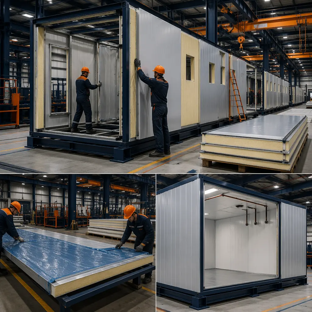 Factory assembly of temperature-controlled modular cold storage unit, insulated metal panels being installed on steel frame, vapor barrier membrane applied on factory floor, module nearing completion with refrigeration penetrations visible, clean factory environment, prefabricated modular construction, dark navy structural frame, warm steel orange panel edges