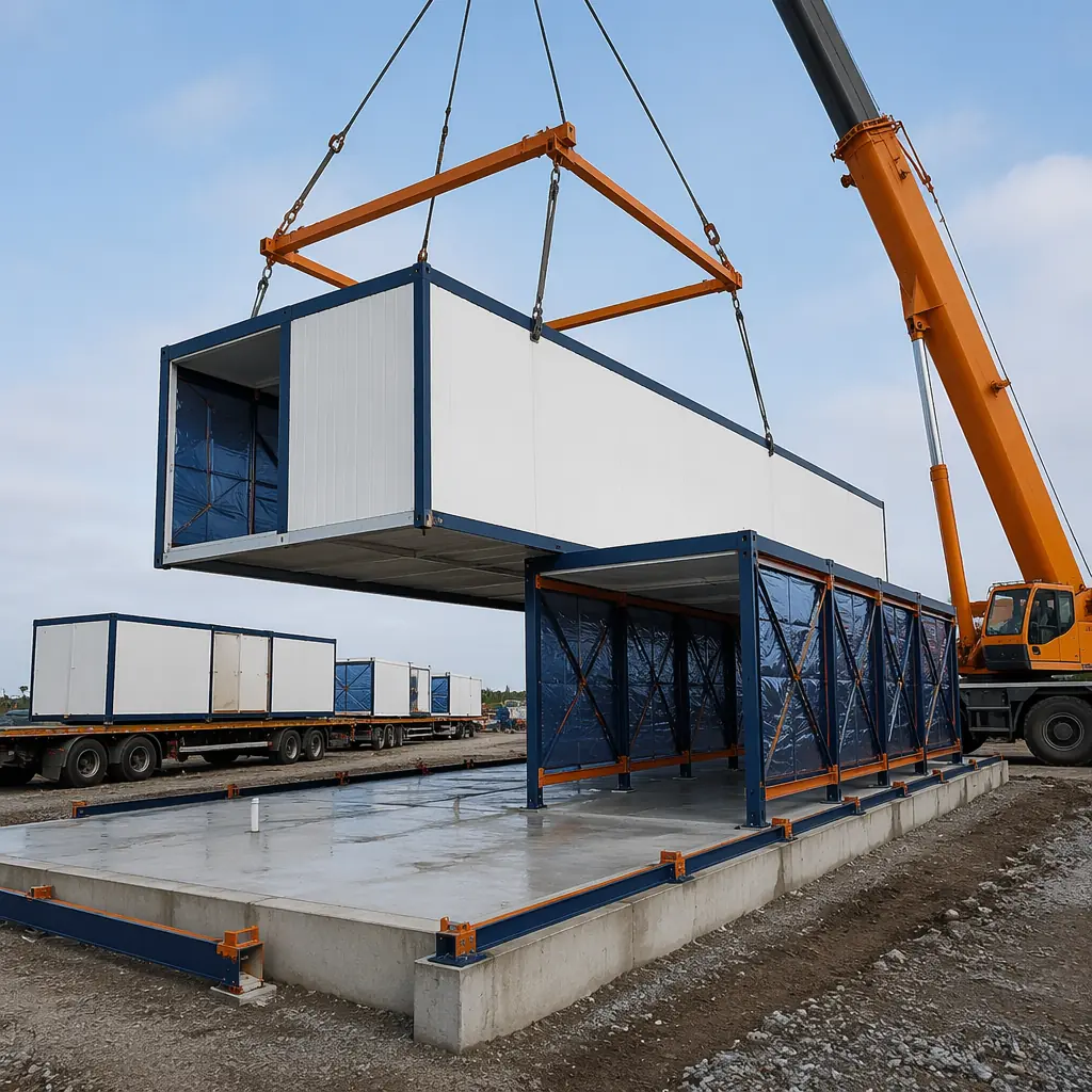 Crane lifting modular cold storage unit onto prepared foundation, insulated panel module being positioned, steel frame with factory-installed vapor barrier visible, modules arriving on flatbed truck in background, construction site with crane, modular prefabricated assembly, clean geometric lines, dark navy and steel orange industrial colors