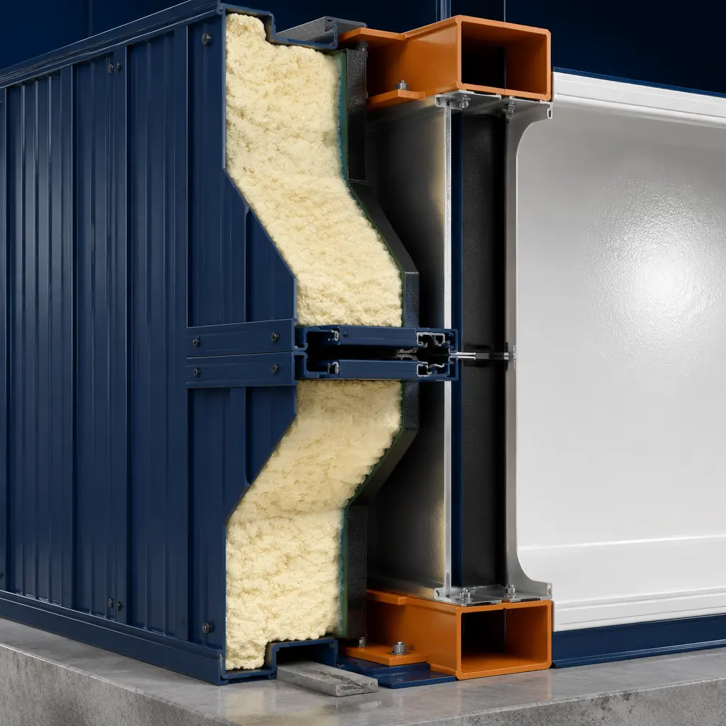 Photorealistic 3D cross-section render of modular cold storage wall assembly showing distinct insulated panel layers, vapor barrier membrane, steel frame, exterior cladding, interior FRP food-grade finish, factory-assembled thermal envelope, dark navy structural frame, steel orange insulation edges