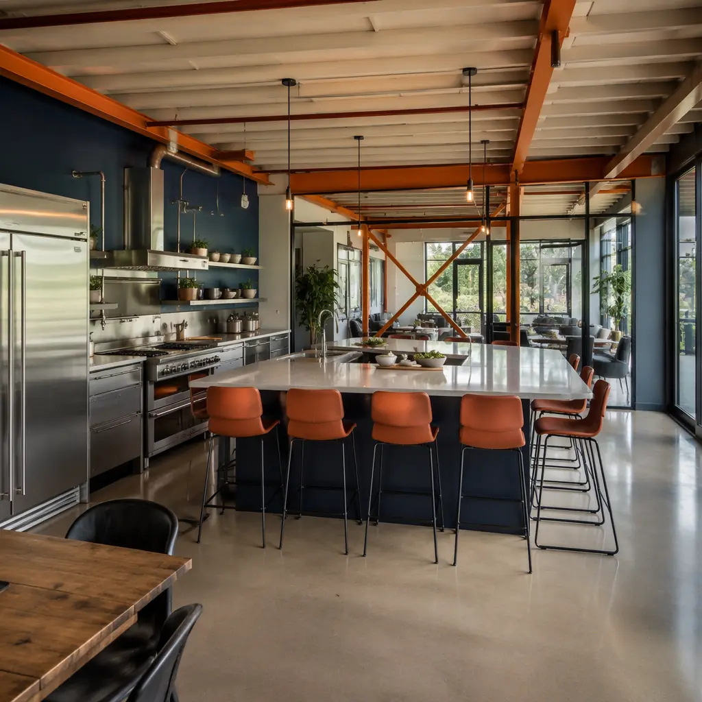 Modular co-living building common area, prefabricated communal kitchen module with commercial appliances and island seating, glass partitions and natural light from module-width windows, clean modern interior with navy accent wall