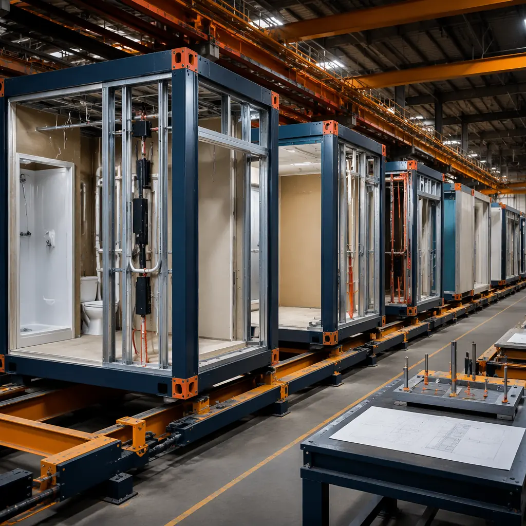 Factory assembly line for modular prefabricated construction, individual co-living suite modules in various stages of completion, steel-framed units with bathroom pods visible, workers installing wall panels and MEP rough-in, quality inspection station in foreground