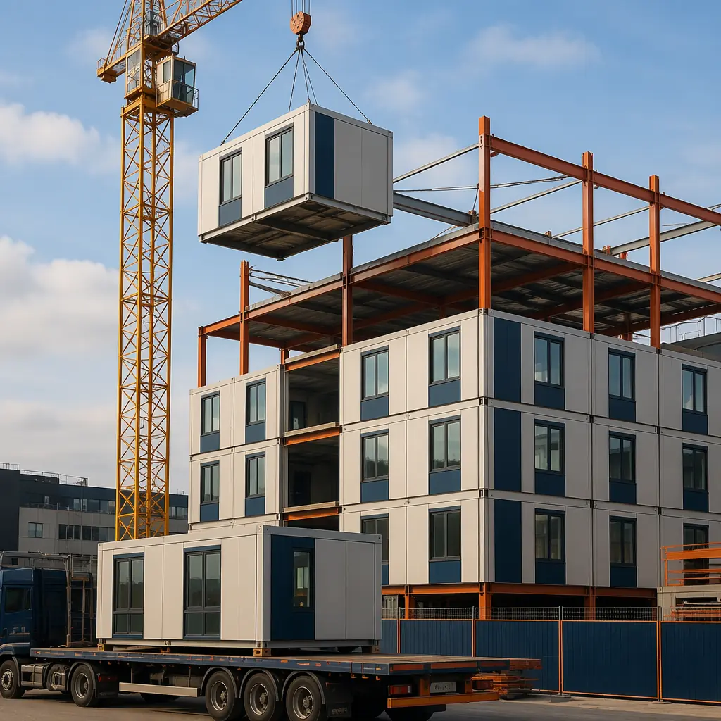 Construction site of modular co-living building, crane lifting prefabricated suite module onto steel frame structure, multiple completed modules already stacked, flatbed truck delivering next module, module seams and grid pattern visible on facade, urban setting