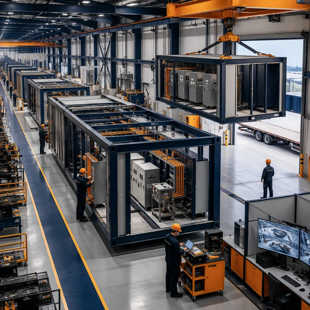 Factory floor of modular construction facility producing colocation data center modules, steel frame data hall modules with pre-installed busway and containment systems visible, overhead crane moving completed module to shipping bay, factory assembly line with multiple modules at different production stages, workers installing electrical distribution panels and cooling pipe headers, quality control station with test equipment, clean industrial environment with modular data hall modules showing factory-precision assembly