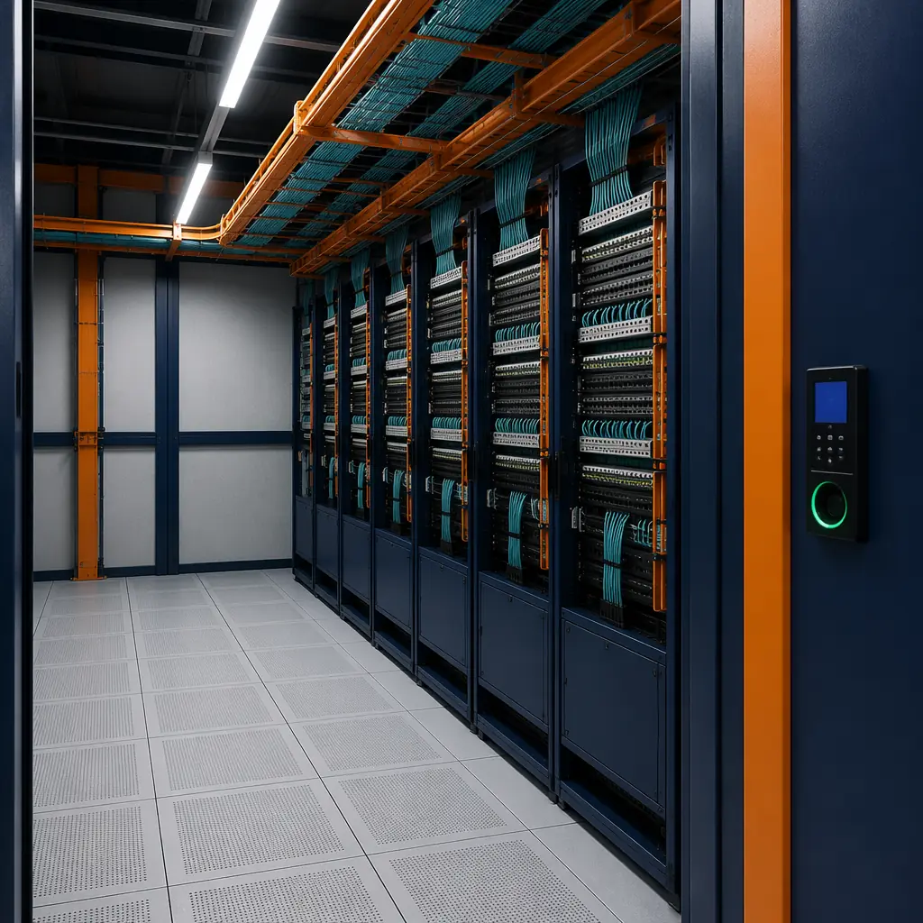 Interior of factory-completed modular colocation meet-me room, overhead fiber cable tray with pre-terminated patch panels, rows of cross-connect patch panels mounted in factory-installed cabinets, biometric access control panel at door, raised floor with cold aisle containment visible through doorway to adjacent white space module, structured cabling organized in factory-installed vertical cable management, professional data center infrastructure with dark navy and steel orange color accents