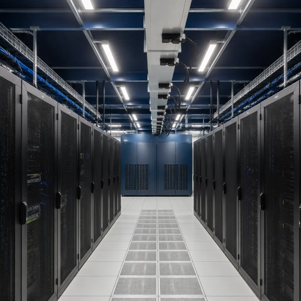 Interior of factory-completed modular colocation white space data hall, rows of server racks in hot aisle containment configuration, overhead busway distributing power to rack PDUs, cold aisle with perforated raised floor tiles, cooling CRAH units visible at end of aisle, structured cabling in overhead cable tray, LED lighting, factory-installed environmental monitoring sensors on rack rows, professional data center interior with clean geometric lines and modular grid pattern