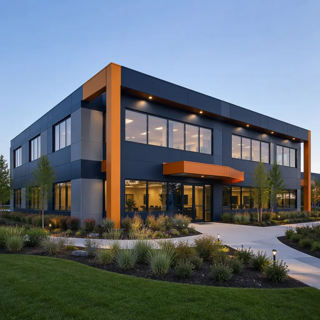 Completed modular building exterior with professional landscaping, contemporary commercial prefabricated structure fully occupied and operational, clean geometric facade with grid pattern, module seams subtly visible on building exterior, dark navy and warm steel brand colors on architectural elements, blue sky background