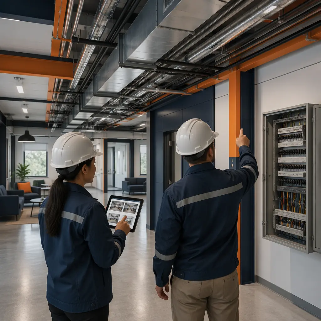 Inspection team reviewing completed modular building interior, engineers checking mechanical systems and electrical panels in prefabricated commercial structure, quality control documentation visible on tablet, modern clean office or institutional interior with modular prefabricated finishes, professional commissioning walkthrough