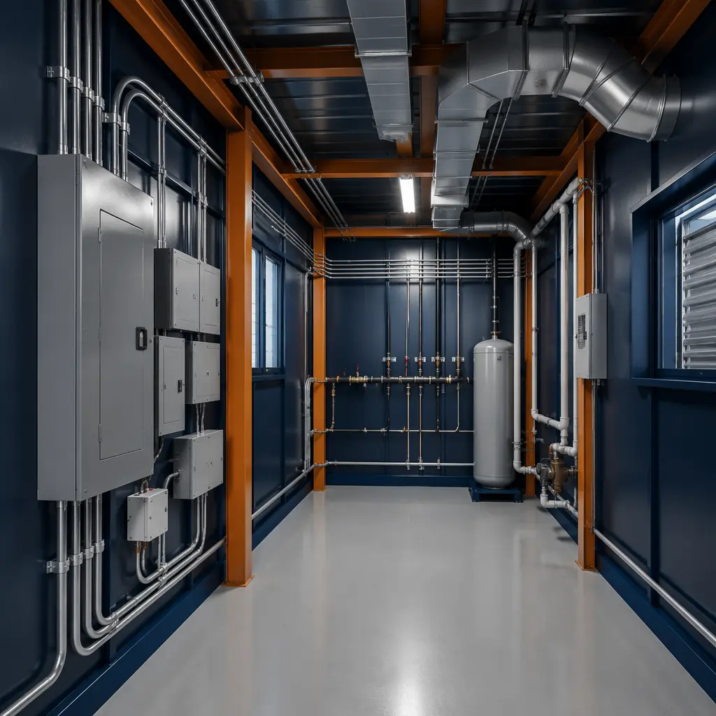 Technician testing electrical panel connections at modular building module joint, organized utility room with pre-installed mechanical and electrical systems, modular prefabricated building interior with exposed ceiling showing ductwork and conduit connections, quality inspection checklist visible, industrial clean environment