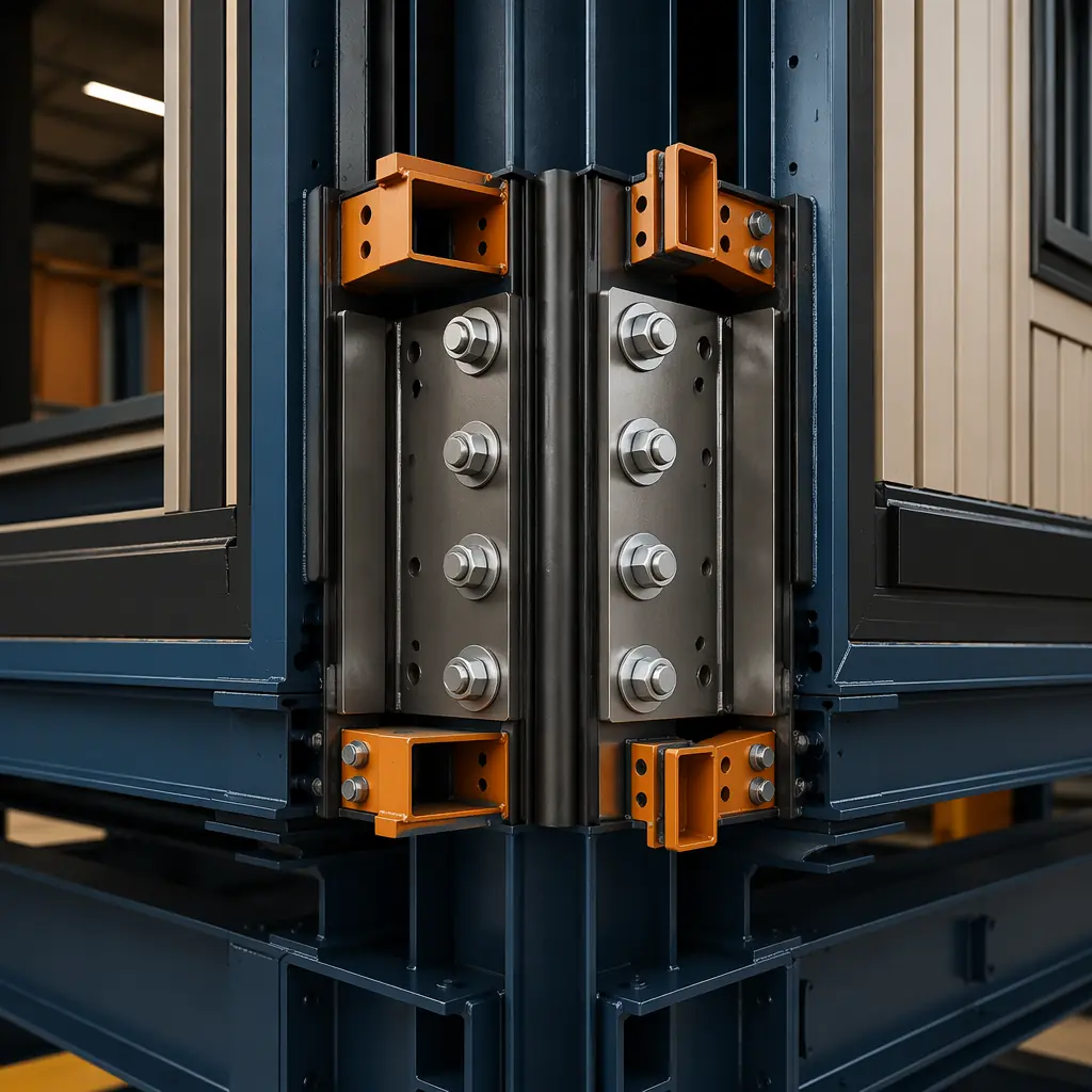 Close-up of modular building module connection joint, steel frame interface between two prefabricated units, weatherproofing seal and structural connection visible, factory-assembled modules being connected on construction site, crane rigging point visible, clean industrial aesthetic with precise engineering details