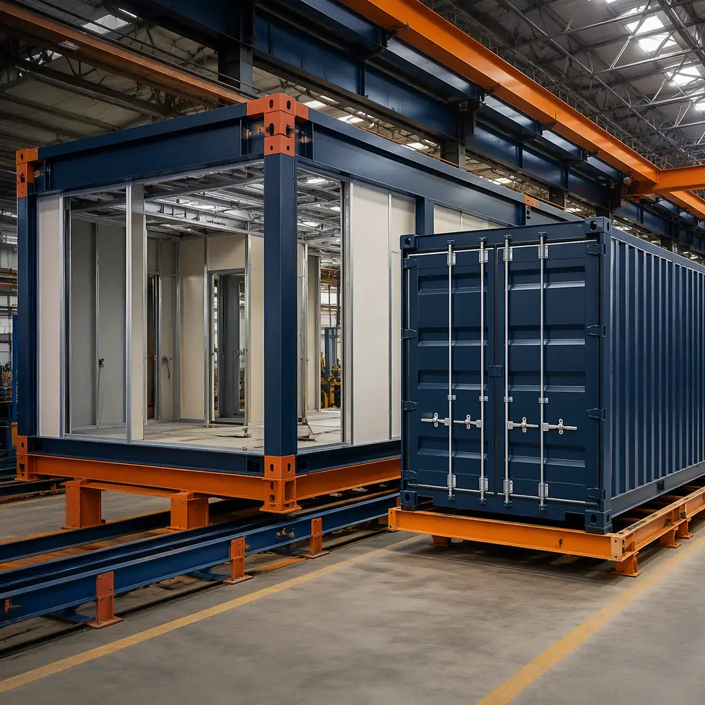 Factory floor of modular prefabricated construction facility, purpose-built steel frame module on production jig with 3.6 m interior width, floor-to-ceiling window openings pre-framed with continuous welded connections, wall panels and insulation being installed inside factory under controlled conditions, assembly line with multiple modules in production, clean industrial environment with quality inspection station, dark navy structural steel elements