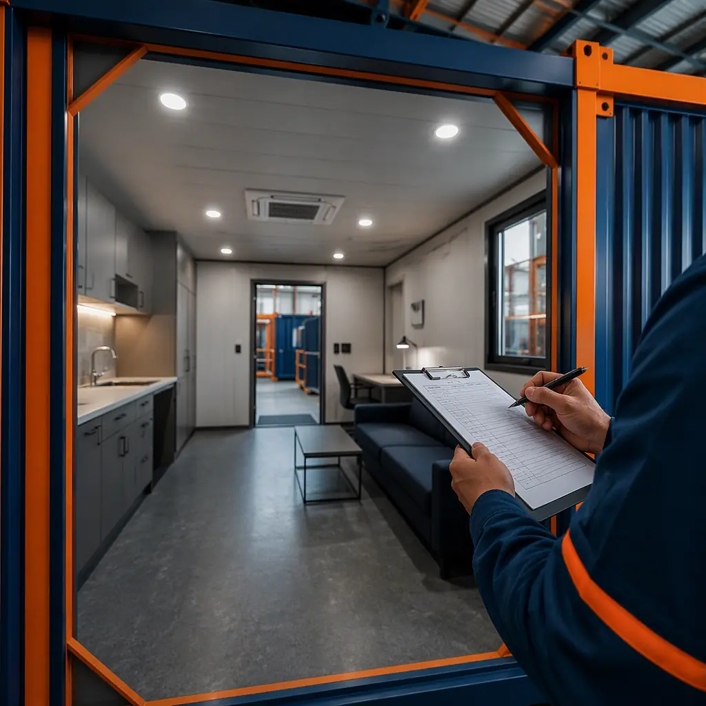 Quality inspection station inside modular construction factory, completed purpose-built steel frame module undergoing dimensional verification with laser measurement tools, certified weld inspector examining structural connection with ultrasonic testing equipment, quality control documentation visible on inspection tablet, ISO 9001 certified factory environment, module with pre-installed insulated wall panels and electrical conduit, clean geometric lines