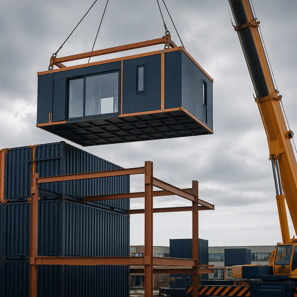 Crane lifting completed factory-assembled modular building unit with pre-installed windows, insulated facade panels, and finished exterior onto prepared foundation, clean construction site with just-in-time module delivery on flatbed truck, multi-story modular building under construction with modules stacked and connected, module seams visible, modern commercial architecture, dark navy and warm steel orange accents, professional construction photography