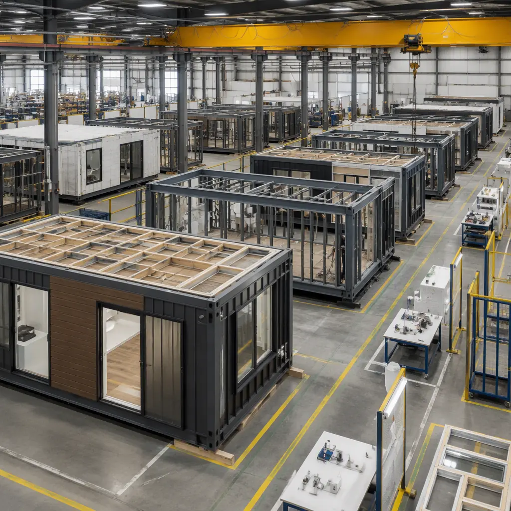 Modern modular building under factory assembly, steel frame modules in various completion stages, organized factory floor with overhead cranes, clean industrial environment with quality control stations visible