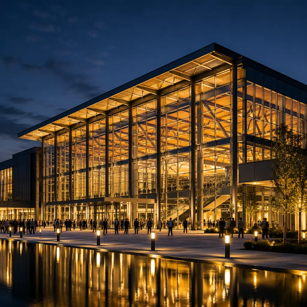 Evening view of completed modular convention center, illuminated glass facade reflecting in water feature, event attendees on plaza, contemporary architecture with steel frame and modular grid pattern, warm amber lighting, dark navy structural accents, civic building photography, successful public venue