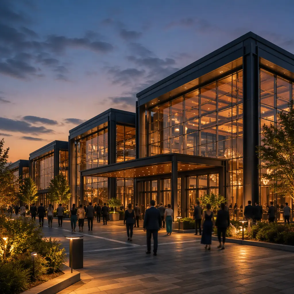 Glass facade of modular convention center at dusk, warm interior lighting visible through large windows, steel frame structure, modern architectural design with dark navy and bronze accents, landscaped entrance plaza, people arriving for evening event, modular prefabricated public building