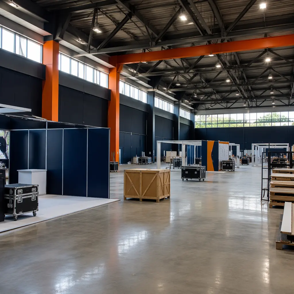 Interior of modular convention center exhibition hall, large column-free space with polished concrete floors, natural light from clerestory windows, modular prefabricated wall panels visible, trade show setup in progress, industrial-chic aesthetic, steel frame structure with exposed trusses, warm orange accent details