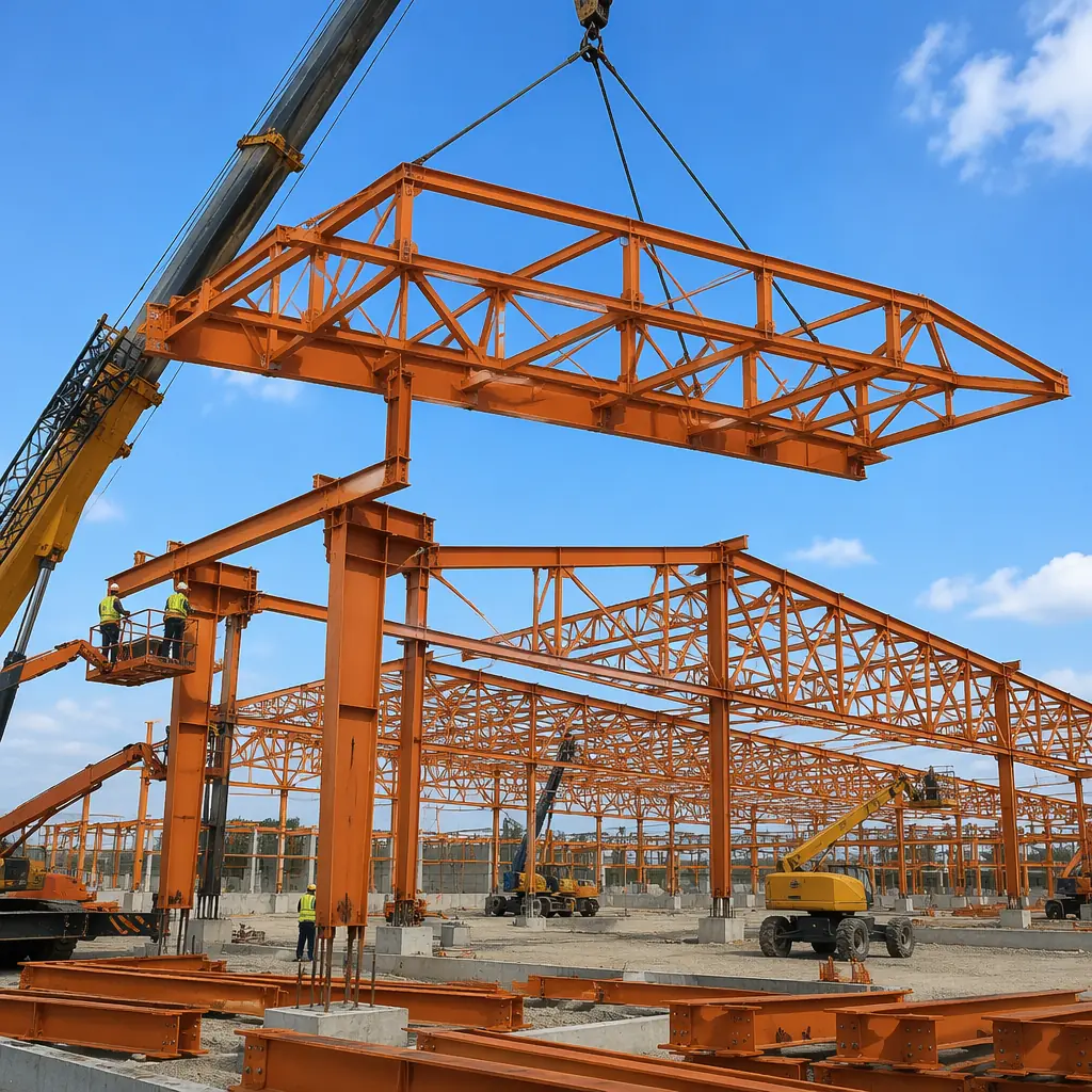 Steel roof truss assembly for modular convention center, large clear-span structure being erected, factory-fabricated truss segments bolted together on site, crane lifting roof assembly, industrial construction scene, modular prefabricated building system, warm steel orange structural elements against sky