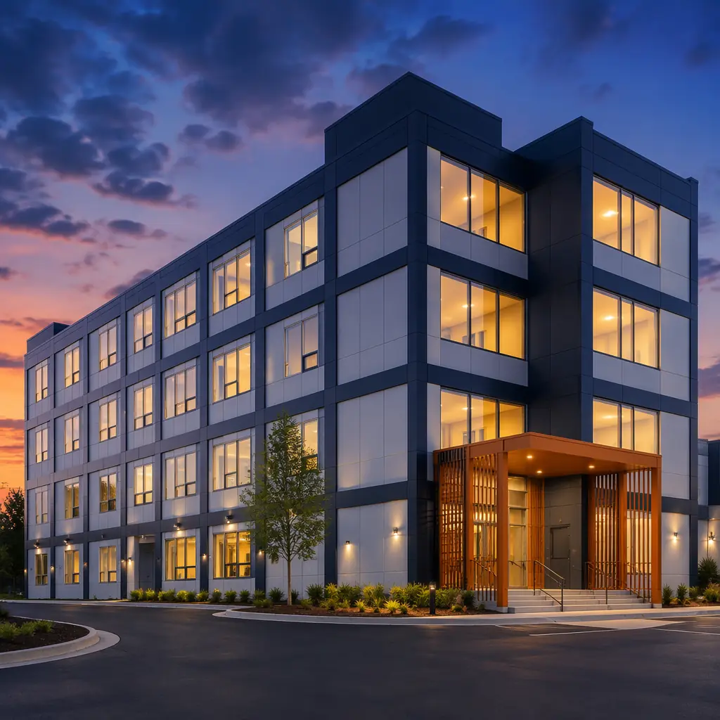 Professional modular office building exterior at dusk, warm interior lighting visible through windows, clean geometric facade with grid pattern reflecting modular prefabricated units, modern architectural design, dark navy accents with warm steel orange details on structural elements, completed modular construction, corporate building photography