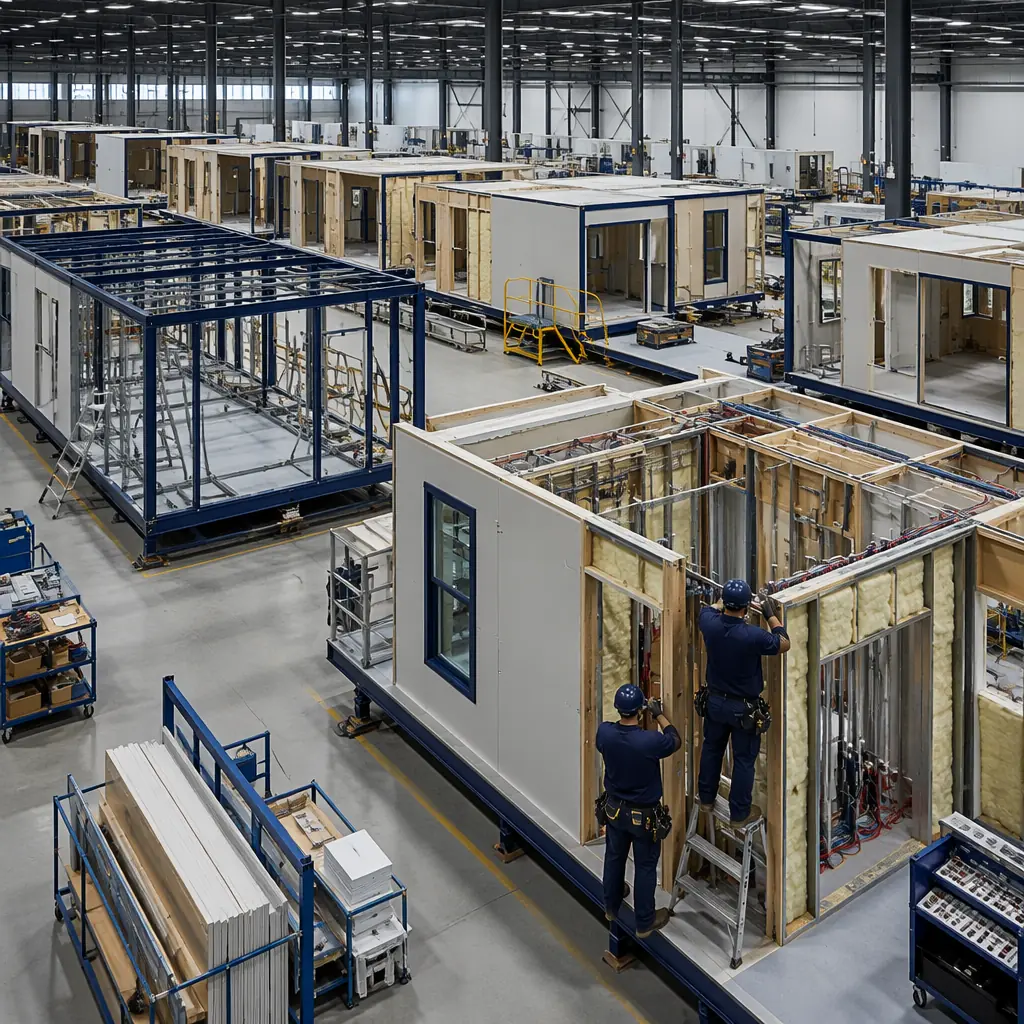 Factory assembly line of modular building units, steel frame modules at various stages of completion on factory floor, workers installing wall panels and MEP systems, industrial modular construction setting, modules with insulation and interior rough-in visible, clean factory environment