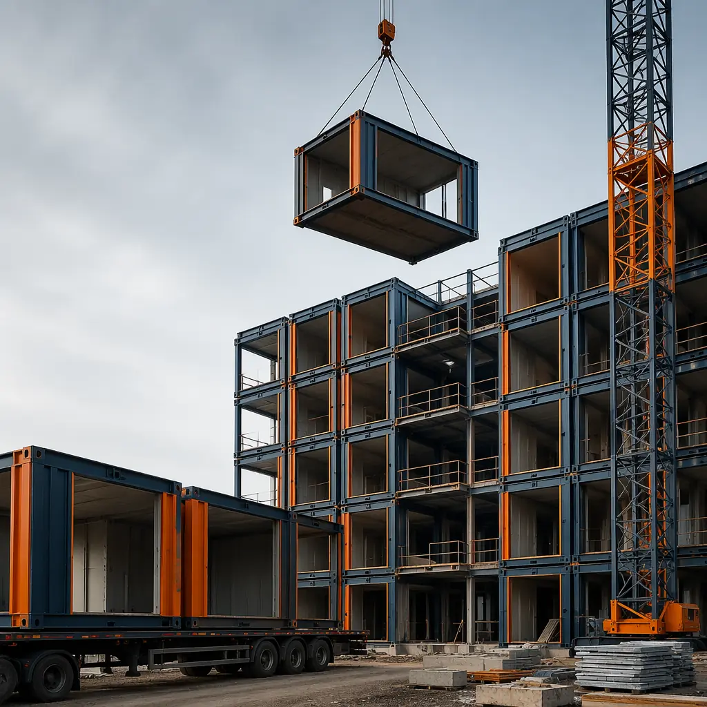 Multi-story modular apartment building under construction, modules being stacked and connected by crane, steel frame modules with grid pattern facade, construction site with prefabricated units arriving on trucks, clean geometric lines, dark navy architectural accents, modular construction assembly process in urban setting