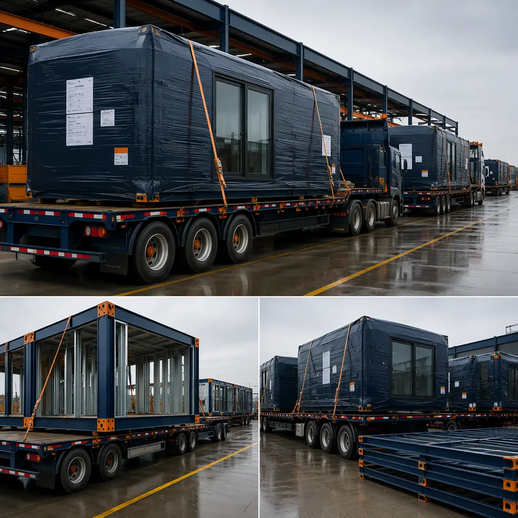 Completed modular building units on flatbed trucks ready for transport from factory, modules wrapped and labeled for shipping, logistics yard with prefabricated construction modules, steel frame modules secured on trailers, industrial transportation scene, modular construction supply chain