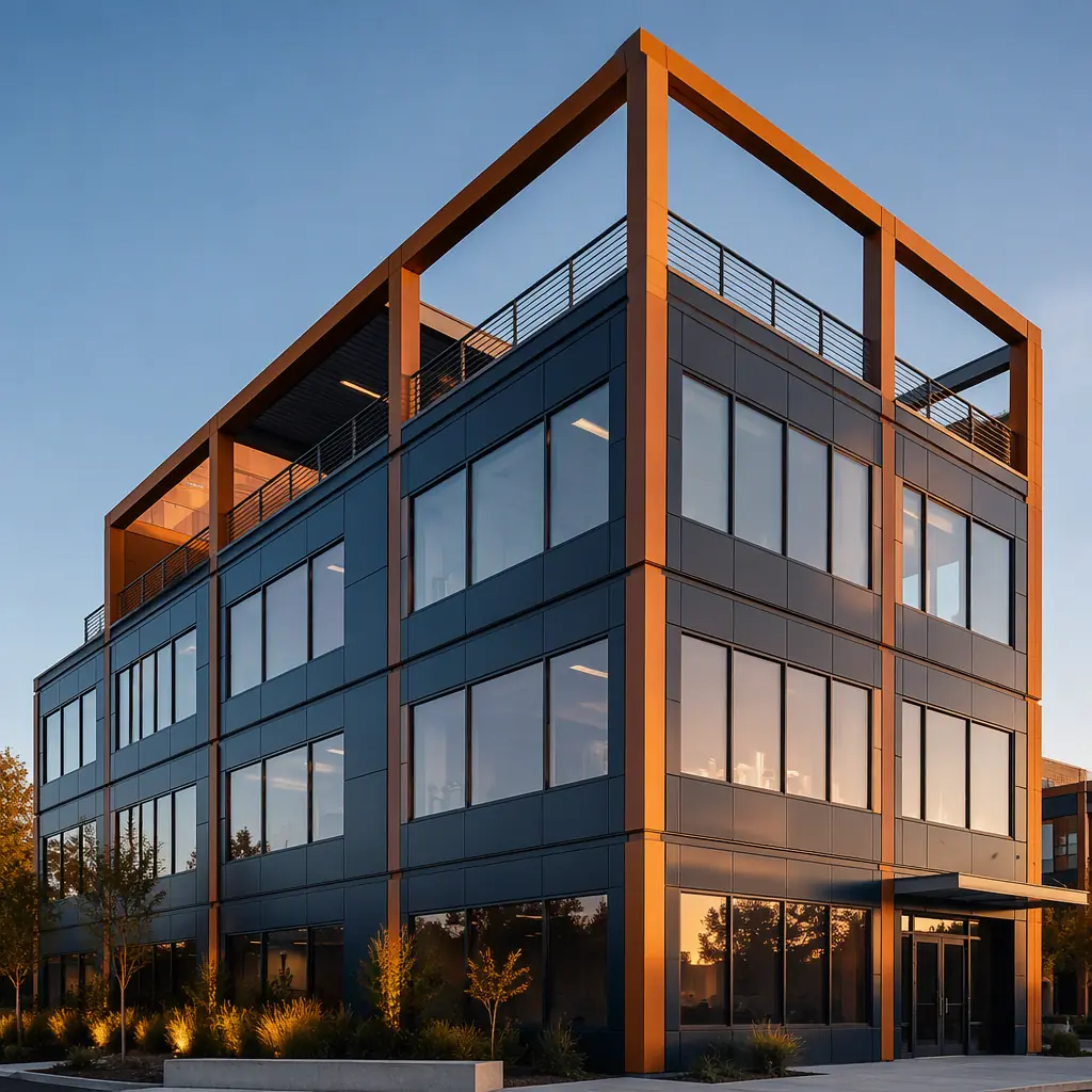 Completed modern steel modular commercial building exterior, multi-story with clean geometric facade, module seams visible as architectural grid pattern, deep navy and warm steel orange accents on structural elements, professional architectural photography, golden hour lighting, demonstrating finished modular construction quality