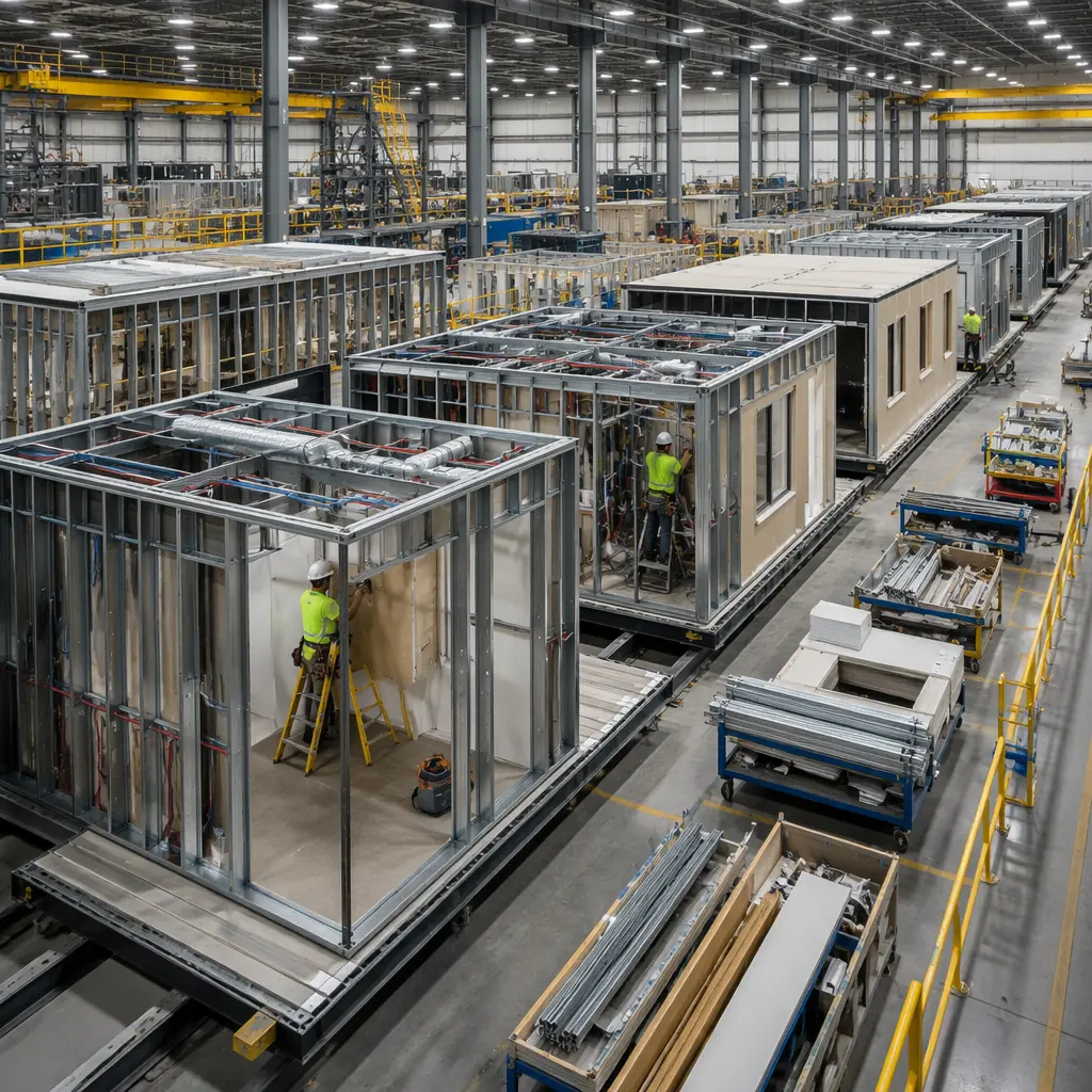 Steel modular construction factory floor, production line with multiple modules in various completion stages, workers installing MEP systems and interior finishes inside steel frames, industrial manufacturing environment with organized material storage, demonstrating the factory efficiency that drives modular cost predictability