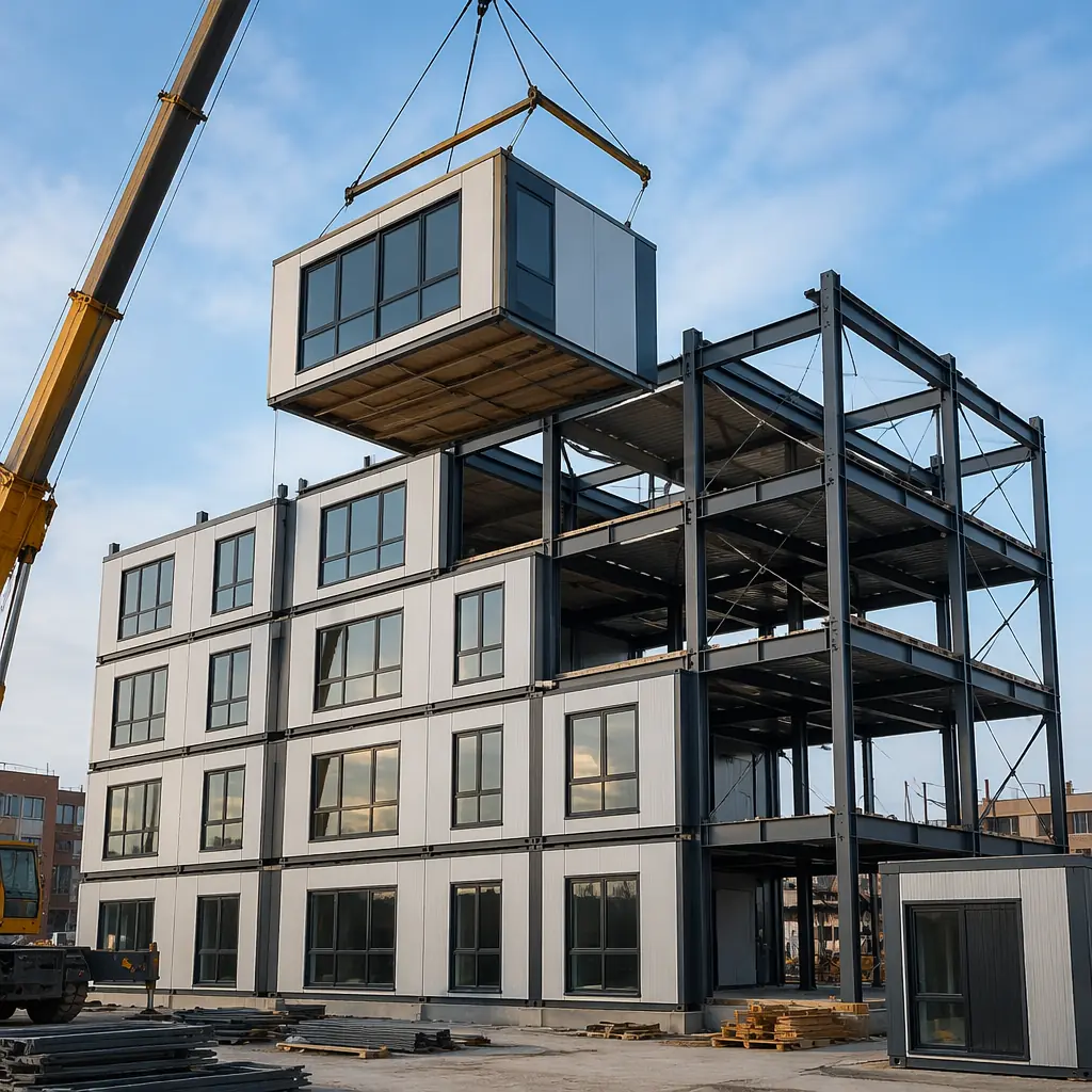 Construction site showing steel modular building assembly with crane, completed modules being lifted into position on multi-story building frame, ground-level modules already finished with exterior cladding while upper modules being set, demonstrating parallel construction timeline that drives modular cost savings