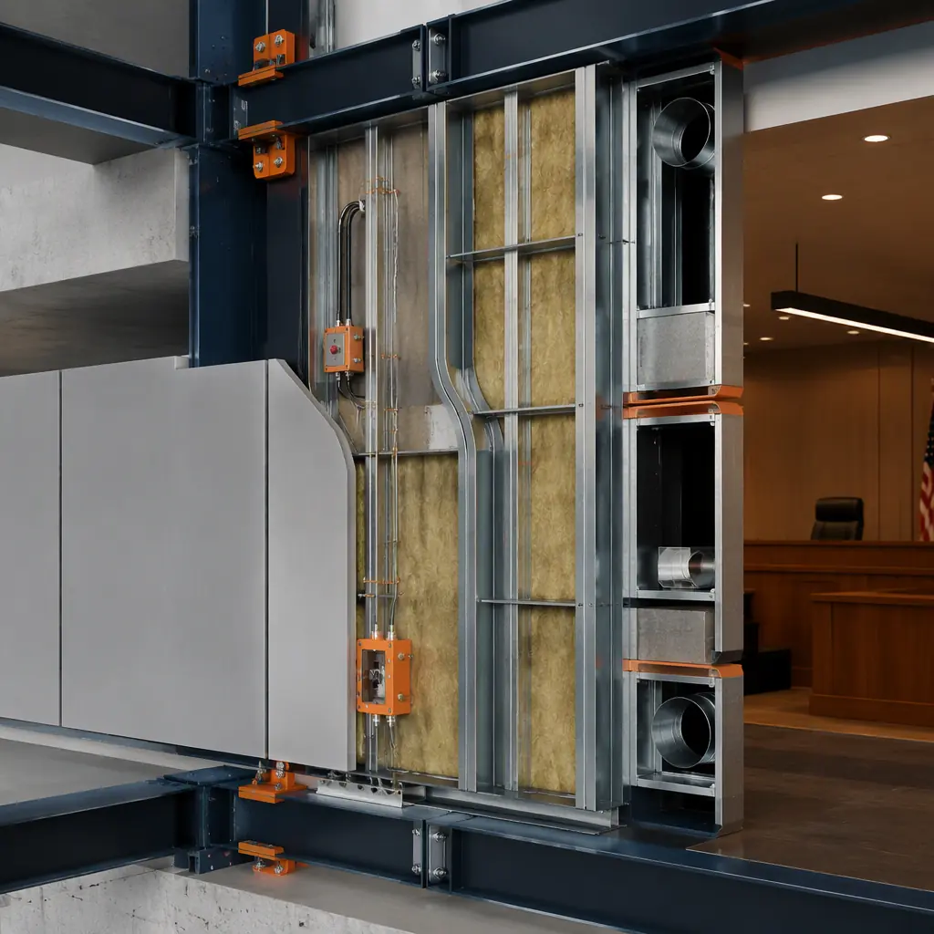 Photorealistic 3D cross-section render of modular courthouse wall assembly showing ballistic-rated steel panel layers, continuous-weld joints at module connection points, factory-installed electrical conduit for courtroom AV systems and duress alarms, acoustic isolation batt insulation between staggered steel studs, separate ductwork for public and secure zones, dark navy structural steel with warm steel orange accent elements