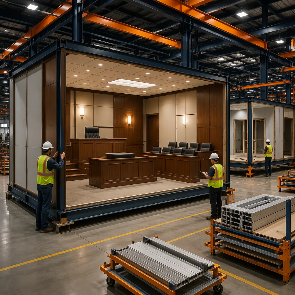 Factory floor of modular prefabricated construction facility, completed courthouse courtroom module with judge's bench platform pre-installed, jury box seating with integrated power and data ports visible, ballistic-rated wall panels with factory-finished surfaces, acoustic ceiling panels installed above courtroom, workers performing final quality inspection on completed module, other courtroom modules visible in various stages of assembly in background, dark navy structural steel and warm steel orange accent elements