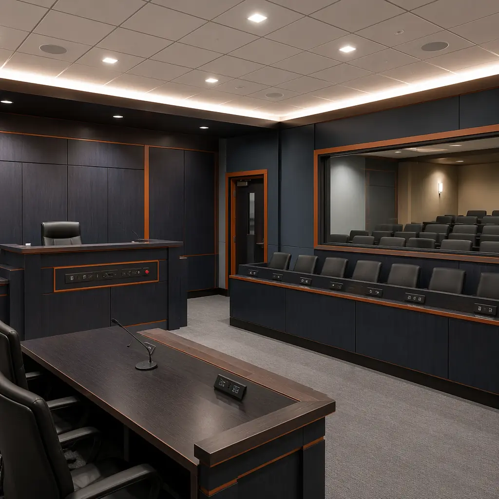 Factory-completed interior of modular courtroom module, judge's bench with integrated technology panel and duress alarm button pre-installed, jury box with individual power and data ports at each seat, spectator gallery seating area with ballistic-rated transaction window separating public area from well of court, acoustic ceiling panels with integrated AV speaker system, module seam visible at wall junction between adjacent modules, dark navy wood-toned finishes with warm steel orange accent details on trim and door frames