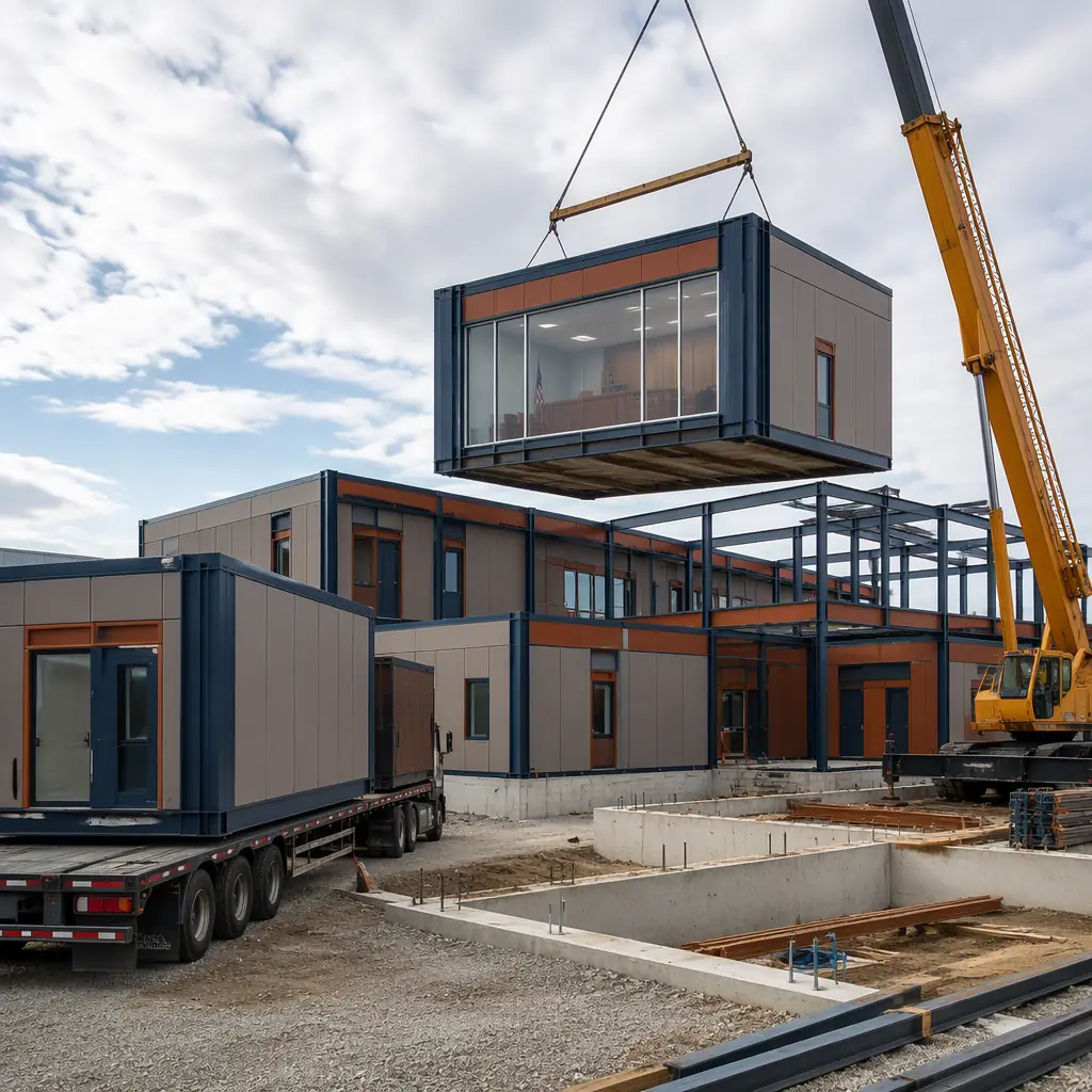 Construction site of modular courthouse, crane lifting completed courtroom module with factory-finished exterior wall panels and ballistic-rated glazing onto prepared foundation, flatbed trucks delivering additional modules, module seams visible on previously set modules, steel frame structure with pre-installed security-rated door assemblies, dark navy structural steel with warm steel orange accents, courthouse scale building emerging from module assembly, adjacent judicial operations building visible in background