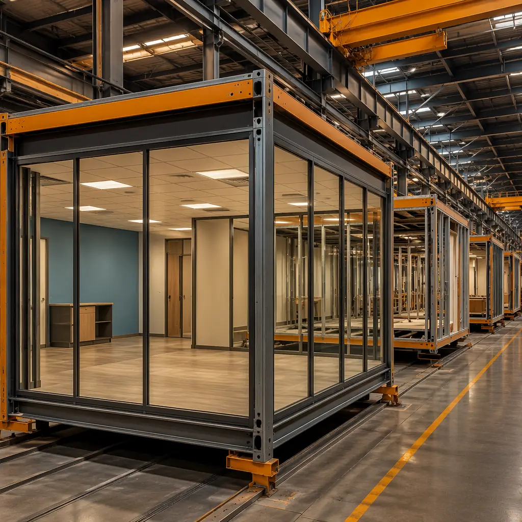 Factory floor of modular construction facility, office module with completed interior partitions, glass wall systems, ceiling grid with integrated lighting, and finished flooring being inspected, modules in various assembly stages on production line